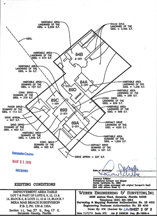 An engineering drawing shows the existing site plan of the Maddens' property between North Beach Road and Avenida Veneccia. Image courtesy Sarasota County