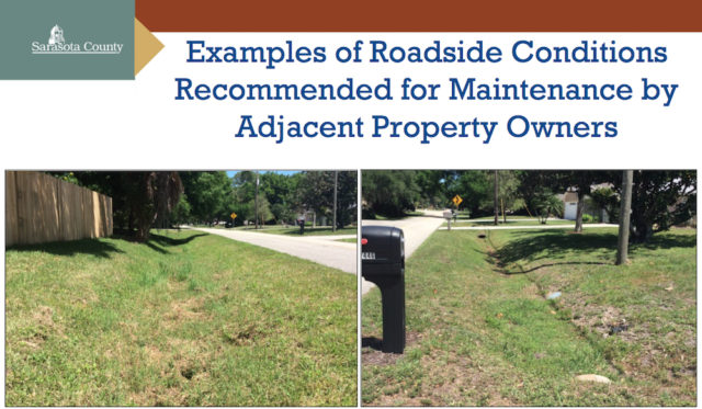 County residents would be expected to mow rights of ways such as these, staff says. Image courtesy Sarasota County