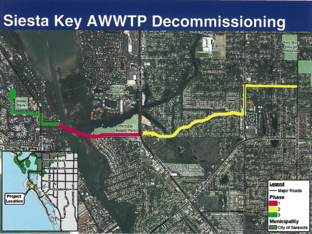 A county graphic shows the segments of the project designed to lead to the decommissioning of the Siesta Wastewater Treatment Plant. Image courtesy Sarasota County