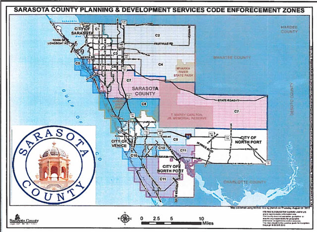A map shows the Code Enforement zones in the county. Image courtesy Sarasota County