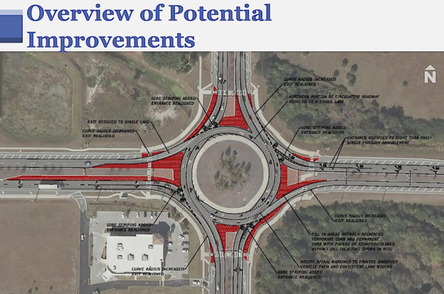 An FDOT slide shows proposed improvements to the roundabout. Image courtesy FDOT