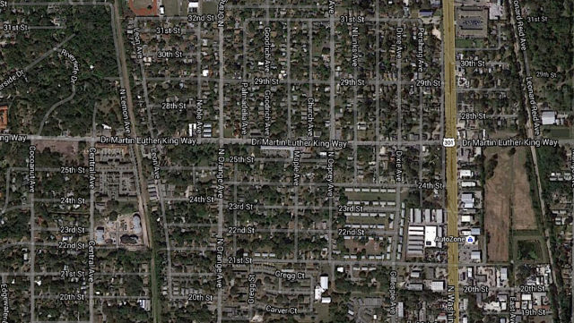 An aerial map shows Dr. Martin Luther King Jr. Way between U.S. 301 and Central Avenue. Image from Google Maps