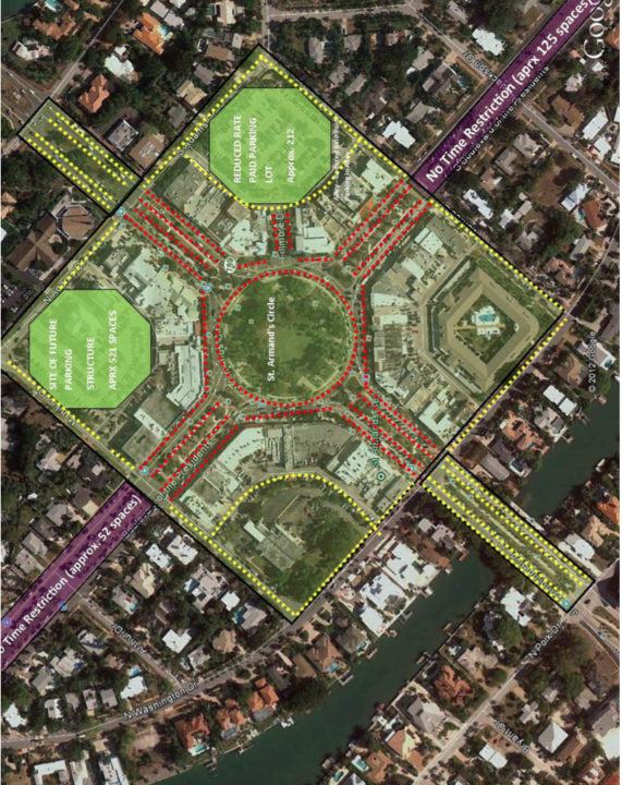 A graphic shows the core paid parking area on St. Armands outlined in red, with the perimeter spaces outlined in yellow. Image courtesy City of Sarasota