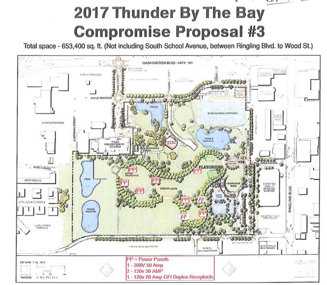 A graphic provided to the City Commission shows tentative plans for Thunder By the Bay in Payne Park. Image courtesy City of Sarasota