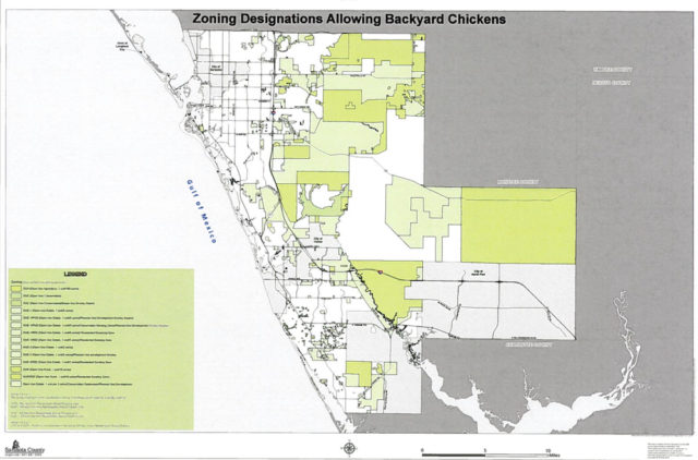 The May 9 report to the board included this map of zoning districts where chicken keeping might be allowed. Image courtesy Sarasota County