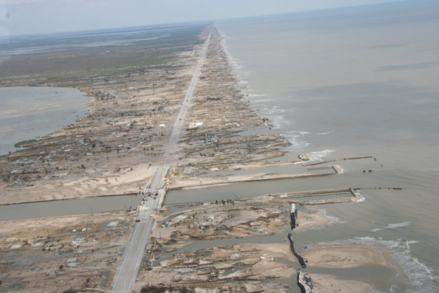 The Bolivar Peninsula in Texas was devastated by storm surge from Hurricane Ike in 2008. Image from NOAA