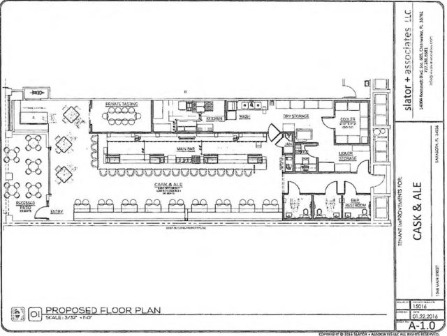 An engineering drawing shows the interior planned for Cask and Ale. Image courtesy City of Sarasota