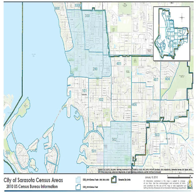 A city map shows the census tracts where the houses may not be bought. Image courtesy City of Sarasota