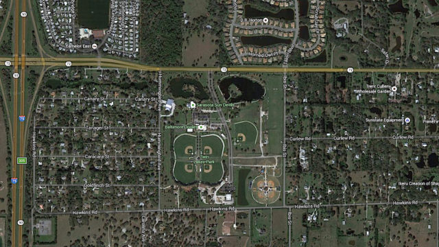 An aerial view shows the segment of Clark Road between Ibis Street and Interstate 75. Image from Google Maps