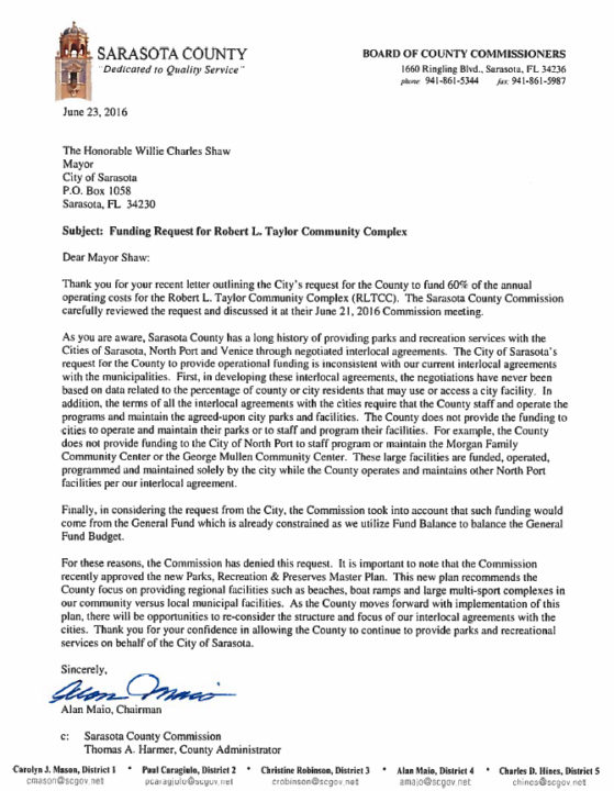 County Commission Chair Al Maio signed this letter on June 23 for delivery to Mayor Willie Shaw. Image courtesy Sarasota County