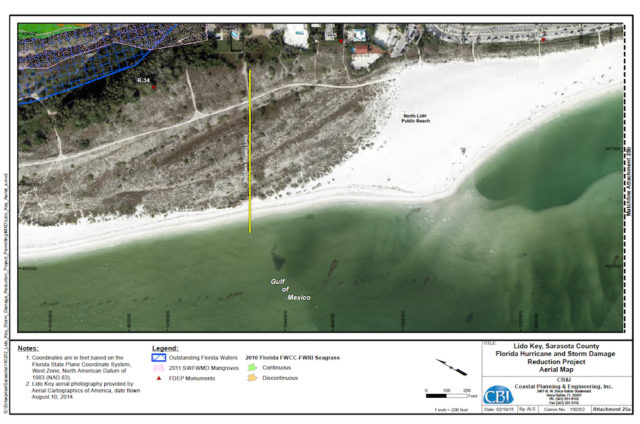 An aerial map shows the project area on South Lido Key, including the proposed locations of two groins. Image courtesy FDEP