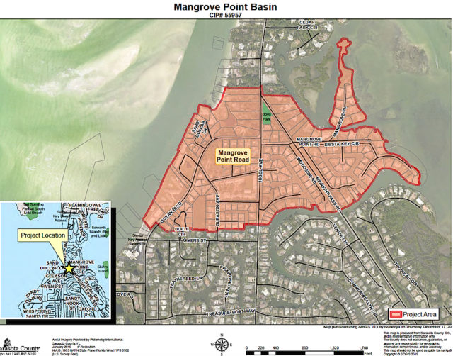 A graphic shows the Mangrove Point Basin. Image courtesy Sarasota County