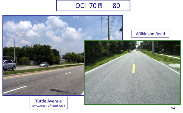 A graphic shown to the County Commission in 2013 provides images of road surfaces considered in very good condition. Image courtesy Sarasota County