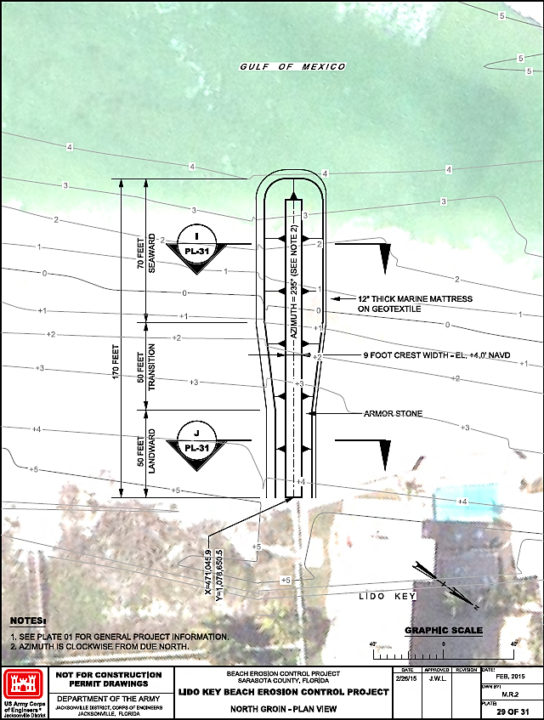 An engineering drawing in the USACE application shows details about the proposed groin design. Image courtesy State of Florida