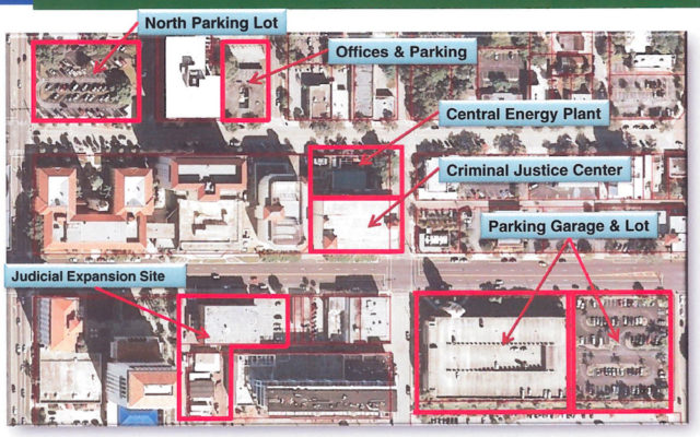 A graphic presented to the County Commission in March 2013 shows the location of the Central Energy Plant in downtown Sarasota. Image courtesy Sarasota County