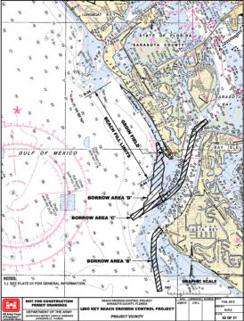 The project application shows the area of renourishment and the borrow areas in Big Pass. Image courtesy State of Florida
