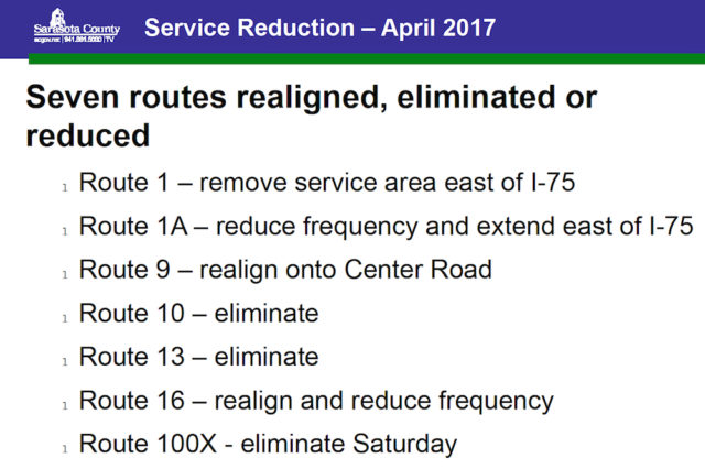 A chart shows routes proposed for changes in April 2017. Image courtesy Sarasota County
