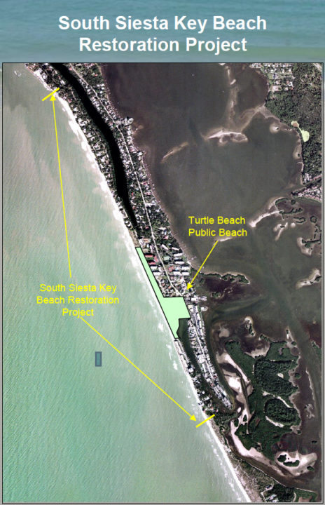 A graphic shows the South Siesta Renourishment Project area. Image courtesy Sarasota County