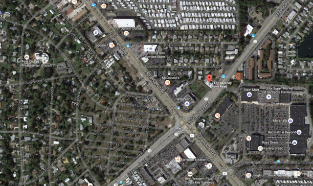 An aerial view shows the proximity of the property to the intersection of Stickney Point Road and U.S. 41. Image from Google Maps