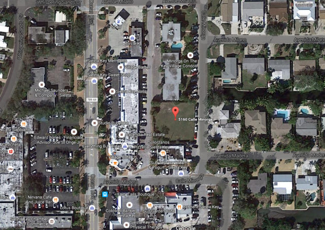 An aerial map shows the site of the proposed project: a vacant lot in Siesta Village. Image from Google Maps
