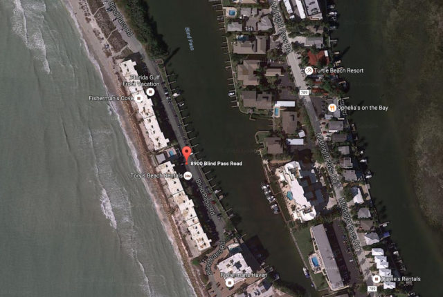 A map shows the location of Fisherman's Cove on south Siesta Key. Image from Google Maps