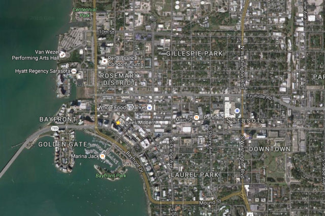 An aerial map shows the general area of U.S. 41 — encompassing Mound Street and Bayfront Drive — where FDOT will begin improvements in late September. Image from Google Maps