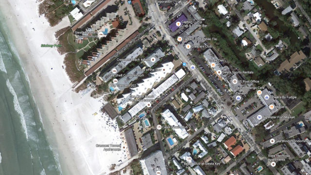 An aerial view shows the location of Seaside Drive and Sun N Sea Drive on south Siesta Key. Image from Google Maps