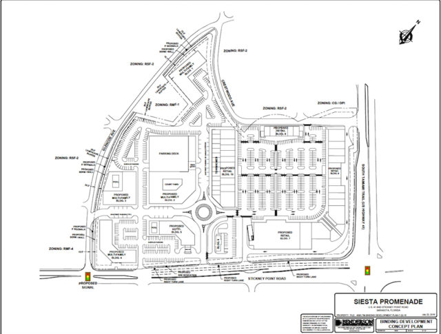 An engineering drawing shows the proposed location of driveways and traffic signals for Siesta Promenade. Image courtesy Sarasota County