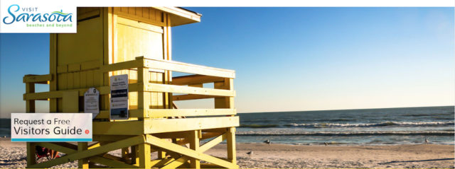 The website banner for Visit Sarasota County featured a Siesta Key lifeguard stand on Aug. 17. Image from the website