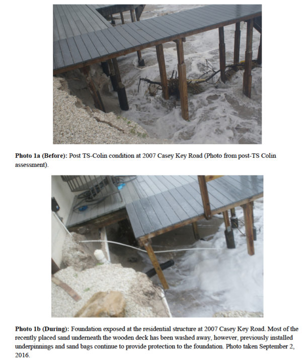 Photos compare damage from Tropical Storms Colin and Hermine on Casey Key Road. Photos courtesy Sarasota County 