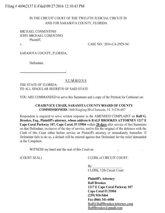 This is a copy of one summons attorney Ralf Brookes filed on Sept. 27. Image courtesy Sarasota County Clerk of Court