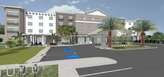 A rendering shows the front view of the hotel. Image courtesy Dutchman Hospitality Group