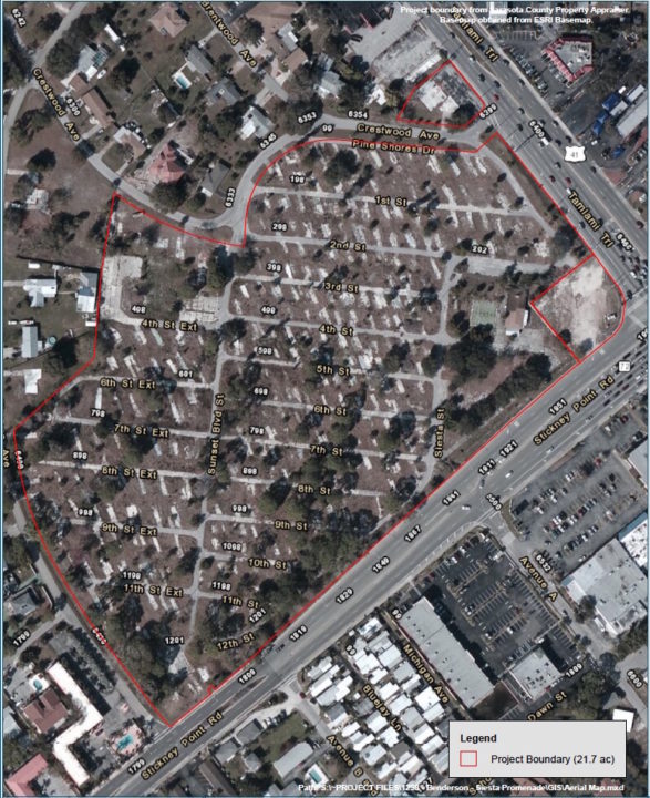 A map shows the project boundary for Siesta Promenade as proposed. Image courtesy Sarasota County