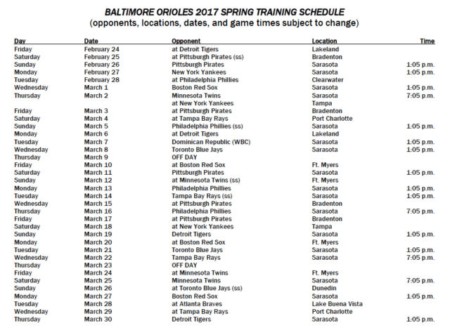 The Orioles have released their full 2017 Spring Training schedule. Image courtesy Baltimore Orioles