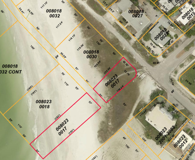 The parcels outlined in red are those bought by Siesta Beach Lots LLC in August. Image from the Sarasota County Property Appraiser