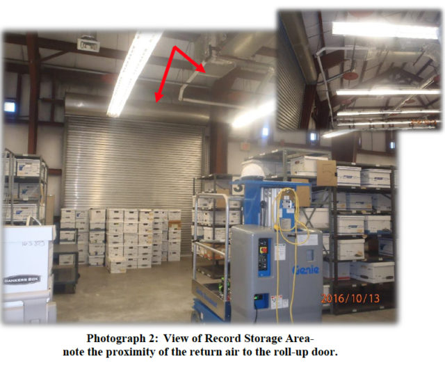 Photos show the rollup door in the records storage area of the warehouse. Image courtesy City of Sarasota