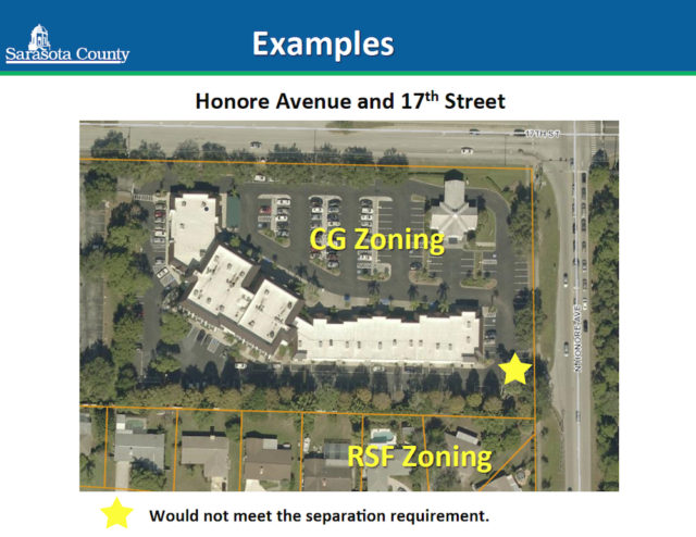 A graphic shows how a potential location of a food truck at the intersection of 17th Street and Honore Avenue would violate the ordinance. Image courtesy Sarasota County
