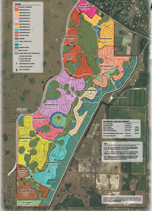 A graphic shows the planned neighborhoods and other uses on the property. Image courtesy Sarasota County