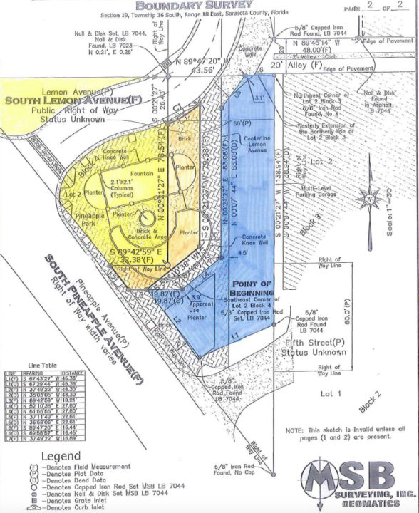 An engineering drawing shows facets of the past and current Lemon Avenue right of way and the park. Image courtesy City of Sarasota