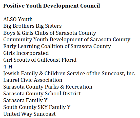 The Positive Youth Development Council members represent these organizations. Image courtesy Sarasota County Schools