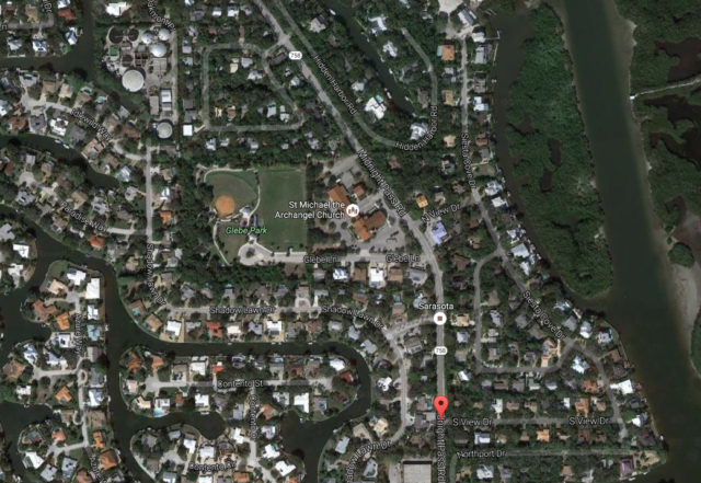 An aerial map shows South View Drive (lower right) relative to the site of the Siesta Wastewater Treatment Plant (upper left). Image from Google Maps
