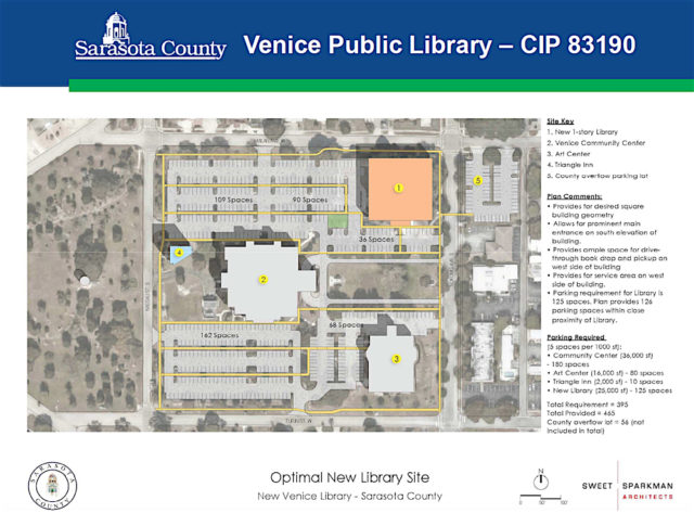 A graphic shows the location of the new library will be in the existing footprint. Image courtesy Sarasota County