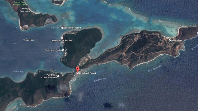 A red marker shows the location of Briars Creek Resort in the British Virgin Islands. Image from Google Maps